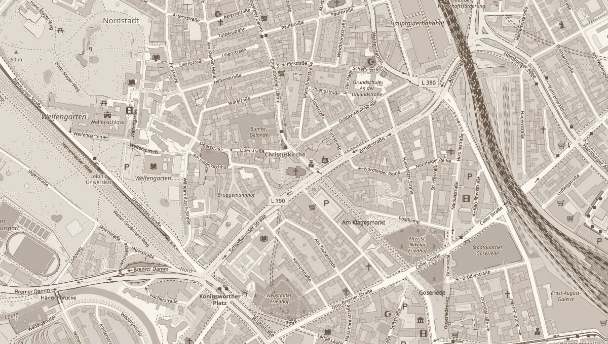 Map of Hanover's Nordstadt with Café Bohoo marked on Arndtstraße, near Christuskirche